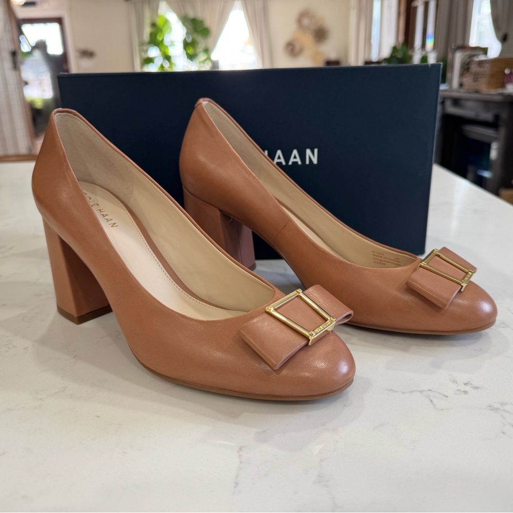 Cole Haan Tan Block Heel Pumps with Bow